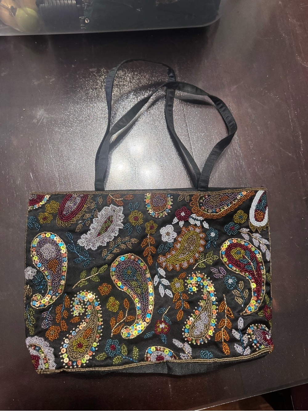 Vintage Black Beaded & Embroidered Silk/Satin  Evening Bag Purse